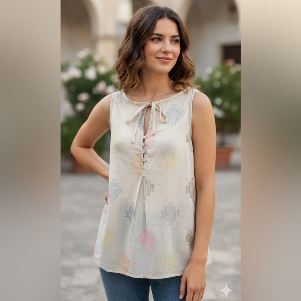 Dylan Thread Embroidered Button Tie Tank Top